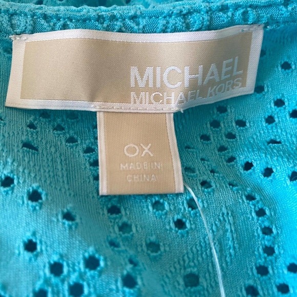Michael Kors Shirt Womens 0X Aqua Blue‎ Eyelet Stretch Faux Wrap Top Sleeveless - Picture 7 of 11